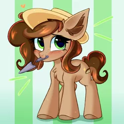 Size: 3000x3000 | Tagged: safe, artist:pesty_skillengton, derpibooru import, oc, oc:nutty special, unofficial characters only, earth pony, pony, blushing, chest fluff, chibi, hat, image, jpeg, mouth hold, smiling, solo, spade