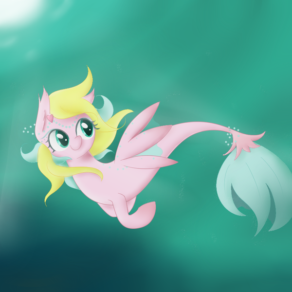 Size: 800x800 | Tagged: safe, artist:mischievouslove, derpibooru import, oc, pegasus, pony, seapony (g4), crepuscular rays, female, fish tail, flowing mane, flowing tail, green eyes, image, ocean, png, seaponified, smiling, solo, species swap, sunlight, swimming, tail, underwater, water, wings