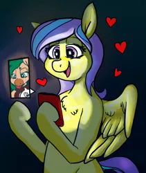 Size: 1941x2304 | Tagged: safe, artist:/d/non, artist:tacodeltaco, derpibooru import, oc, oc:heartspring, oc:star shower, earth pony, pegasus, derpibooru exclusive, floating heart, happy birthday mlp:fim, heart, image, looking at each other, mlp fim's tenth anniversary, oc x oc, open mouth, phone, png, shipping, tongue out, video call