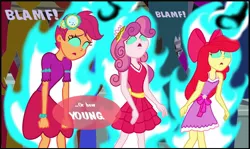 Size: 1136x676 | Tagged: safe, artist:bbbhuey, derpibooru import, apple bloom, scootaloo, sweetie belle, human, equestria girls, equestria girls (movie), blank expression, canterlot high, clothes, cropped, cutie mark crusaders, dark magic, dress, fall formal outfits, female, hypnosis, hypnotized, image, implied sunset satan, implied sunset shimmer, jpeg, magic, mind control, offscreen character, onomatopoeia, sound effects, speech bubble, transformation