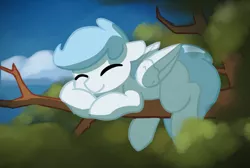 Size: 1418x952 | Tagged: safe, artist:masserey, derpibooru import, oc, oc:file folder, unofficial characters only, pegasus, pony, cute, image, png, sleeping, smiling, solo, tree, tree branch