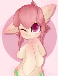 Size: 1956x2560 | Tagged: safe, artist:marleen, derpibooru import, oc, oc:hopple scotch, unofficial characters only, earth pony, pony, blushing, both cutie marks, circle background, commission, cute, ear fluff, eye clipping through hair, female, image, looking at you, mare, one eye closed, pigtails, png, signature, simple background, solo, standing, wink, winking at you, ych result