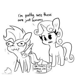 Size: 1500x1500 | Tagged: safe, artist:tjpones, derpibooru import, scootaloo, sweetie belle, trixie, pegasus, pony, unicorn, :#, black and white, blank flank, crying, duo, female, filly, food, glasses, grayscale, image, lemon, monochrome, png, pursed lips, simple background, sour, spread wings, teary eyes, wavy mouth, white background, wings