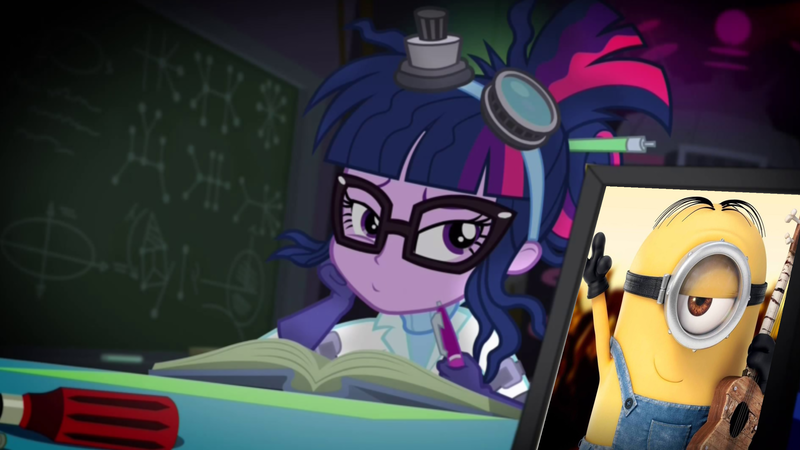 Size: 2560x1440 | Tagged: safe, derpibooru import, edit, edited screencap, screencap, sci-twi, twilight sparkle, eqg summertime shorts, equestria girls, mad twience, book, crossover, crossover shipping, despicable me, female, image, laboratory, male, milight, minion, minions, png, sci-twi's portrait, shipping, smiling, straight