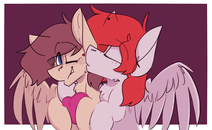 Size: 733x449 | Tagged: safe, artist:kirbirb, derpibooru import, oc, oc:scarlett lane, oc:snaggletooth, unofficial characters only, pegasus, freckles, gay, image, male, png