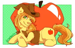 Size: 2550x1650 | Tagged: safe, artist:etrnlpeace, derpibooru import, braeburn, earth pony, pony, apple, clothes, cowboy hat, crossed hooves, food, hat, image, lying down, male, png, prone, solo, stallion, vest