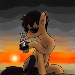 Size: 1000x1000 | Tagged: safe, artist:skydreams, derpibooru import, oc, oc:charger, unofficial characters only, pony, unicorn, fallout equestria, alcohol, amputee, cigarette, claws, cloud, commission, fallout equestria: radio static, image, male, molotov cocktail, png, prosthetic leg, prosthetic limb, prosthetics, stallion, sunset, vodka
