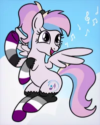 Size: 1536x1928 | Tagged: safe, artist:sjart117, derpibooru import, oc, oc:orient duetta wonder, unofficial characters only, pony, asexual, asexual awarness week, asexual pride flag, asexuality, clothes, cloud, female, flying, happy, image, mare, mole, music notes, png, pride, pride flag, pride socks, singing, sky, smiling, socks, solo, striped socks