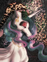 Size: 2448x3264 | Tagged: safe, artist:princessrosemcmitten, derpibooru import, princess celestia, alicorn, pony, abstract background, bust, candy, candy cane, christmas, ear piercing, earring, female, festive, food, hat, holiday, image, jewelry, jpeg, lidded eyes, mare, necklace, piercing, portrait, santa hat, smiling, snowman, solo