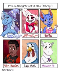 Size: 1200x1400 | Tagged: safe, artist:jellostone, derpibooru import, trixie, anthro, bird, cat, chicken, human, pony, unicorn, six fanarts, angel dust, animal crossing, anthro with ponies, clothes, crossover, dark skin, female, hazbin hotel, image, male, mare, miles morales, moomins, paws, png, spider-man: into the spider-verse, underpaw, waving