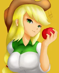 Size: 1080x1350 | Tagged: safe, artist:elbenjaftw, derpibooru import, applejack, human, equestria girls, apple, breasts, busty applejack, food, humanized, image, jpeg, looking at you, solo