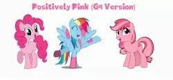 Size: 3289x1525 | Tagged: safe, derpibooru import, minty, pinkie pie, rainbow dash, earth pony, pegasus, pony, a very pony place, positively pink, covered in paint, eyes closed, g3, g3 to g4, g4, generation leap, image, jpeg, looking at you, paint, pink minty, pink paint, pink rainbow dash, recolor, simple background, smiling, text, white background