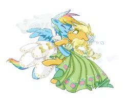 Size: 708x588 | Tagged: safe, artist:pinkablue, derpibooru import, applejack, rainbow dash, earth pony, pegasus, pony, appledash, boop, clothes, dress, female, hug, image, lesbian, mare, noseboop, png, shipping, simple background, white background