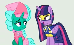 Size: 1160x702 | Tagged: safe, artist:jadethepegasus, derpibooru import, glitter drops, twilight sparkle, twilight sparkle (alicorn), alicorn, pony, unicorn, series:sprglitemplight diary, series:sprglitemplight life jacket days, series:springshadowdrops diary, series:springshadowdrops life jacket days, alternate universe, base used, chase (paw patrol), clothes, costume, female, glitterlight, gray background, halloween, halloween costume, hat, holiday, i can't believe it's not 徐詩珮, image, lesbian, mare, paw patrol, png, shipping, simple background, skye (paw patrol)