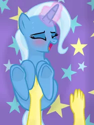 Size: 1456x1947 | Tagged: safe, artist:grapefruitface1, derpibooru import, trixie, oc, oc:grapefruit face, human, pony, base used, blushing, canon x oc, cute, diatrixes, eyes closed, female, foreplay, grapexie, image, interspecies, laughing, lying down, male, offscreen character, png, pony on human action, pov, shipping, straight, tickling