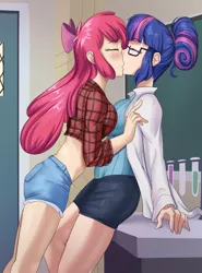 Size: 1419x1920 | Tagged: suggestive, artist:thebrokencog, derpibooru import, apple bloom, sci-twi, twilight sparkle, human, equestria girls, anime, anime style, blushing, bow, breasts, busty apple bloom, busty sci-twi, busty twilight sparkle, clothes, commission, crack shipping, daisy dukes, denim shorts, female, females only, first kiss, glasses, human coloration, humanized, image, jpeg, kissing, lab coat, leaning back, lesbian, multicolored hair, older, older apple bloom, red hair, shipping, shirt, shorts, skirt, tomboy, twibloom