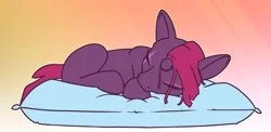Size: 1400x683 | Tagged: safe, artist:dacaoo, derpibooru import, tempest shadow, pony, unicorn, broken horn, cute, eye scar, horn, image, pillow, png, scar, sleeping, solo, tempestbetes