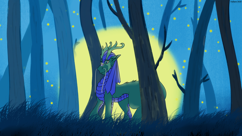 Size: 3543x1992 | Tagged: safe, artist:failure, derpibooru import, oc, oc:lunar, unofficial characters only, kirin, commission, forest, image, midnight, moon, moonrise, png, tree, ych result