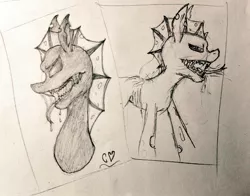 Size: 1024x802 | Tagged: semi-grimdark, artist:chet_volaner, derpibooru import, oc, unofficial characters only, changeling, drool, image, jpeg, monochrome, sharp teeth, teeth, tongue out, traditional art