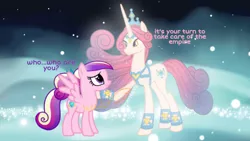 Size: 1024x576 | Tagged: safe, artist:emeriss96, derpibooru import, edit, edited screencap, idw, screencap, princess amore, princess cadance, pegasus, pony, unicorn, crown, cutie mark, duo, image, jewelry, looking at each other, pegasus cadance, png, princess celestia's special princess making dimension, regalia, teen princess cadance, younger