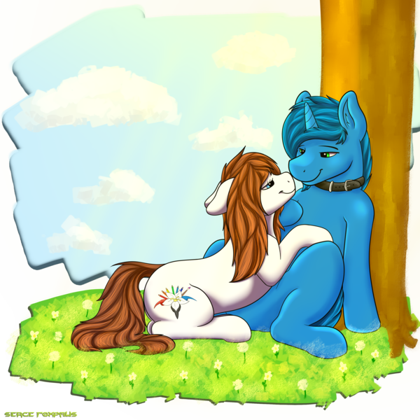 Size: 3000x3000 | Tagged: safe, artist:sergefoxpaws, derpibooru import, oc, unofficial characters only, earth pony, pony, unicorn, cloud, collar, cuddling, cutie mark, digital art, duo, female, hooves, horn, image, looking at each other, male, mare, oc x oc, png, shipping, simple background, sky, smiling, stallion, tail, transparent background, tree