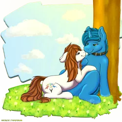 Size: 3000x3000 | Tagged: safe, artist:sergefoxpaws, derpibooru import, oc, unofficial characters only, earth pony, pony, unicorn, cloud, collar, cuddling, cutie mark, digital art, duo, female, hooves, horn, image, looking at each other, male, mare, oc x oc, png, shipping, simple background, sky, smiling, stallion, tail, transparent background, tree