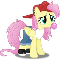 Size: 3437x3451 | Tagged: safe, artist:anime-equestria, derpibooru import, fluttershy, pegasus, pony, '90s, 90s grunge fluttershy, alternate hairstyle, backwards ballcap, baseball cap, blowing, bubblegum, cap, clothes, cute, ear piercing, female, food, gameloft, gameloft interpretation, gum, hat, image, mare, piercing, png, shirt, shoes, shorts, shy, shyabetes, simple background, sneakers, solo, tanktop, transparent background, wings