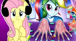 Size: 470x256 | Tagged: suggestive, artist:vannamelon, derpibooru import, fluttershy, rainbow dash, pegasus, pony, equestria girls, flesh, headphones, image, jpeg, online game, reaction, skin, uncomfortable