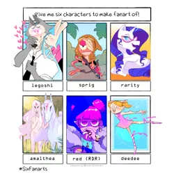 Size: 2000x2000 | Tagged: safe, artist:stevetwisp, derpibooru import, rarity, anthro, frog, human, pony, rabbit, unicorn, wolf, six fanarts, animal, anthro with ponies, bust, cigarette, clothes, crossover, dancing, dee dee, dexter's laboratory, female, glasses, gun, haru (beastars), hat, heart eyes, image, jpeg, legosi (beastars), lying down, mare, necktie, prone, sgt. frog, smoking, weapon, wingding eyes