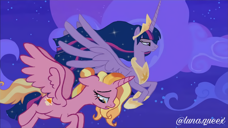 Size: 1920x1080 | Tagged: safe, artist:luna.queex, derpibooru import, edit, edited screencap, screencap, luster dawn, princess twilight 2.0, twilight sparkle, twilight sparkle (alicorn), alicorn, pony, horse play, the last problem, alicornified, crown, duo, female, flying, frown, hoof shoes, horn, image, jewelry, lustercorn, mare, night, older, older twilight, outdoors, peytral, png, race swap, regalia, signature, wings
