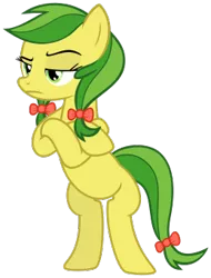 Size: 259x341 | Tagged: safe, artist:nano23823, derpibooru import, apple fritter, earth pony, pony, .svg available, apple family member, bow, crossed arms, eyelashes, female, frown, hair bow, image, mare, png, simple background, smiling, solo, tail bow, transparent background, unamused, vector