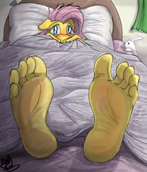 Size: 2282x2671 | Tagged: suggestive, artist:fetishsketches, derpibooru import, angel bunny, fluttershy, anthro, butterfly, insect, plantigrade anthro, barefoot, bed, blushing, feet, female, fetish, foot fetish, foot focus, image, messy mane, morning ponies, nail polish, png, sleepy, soles, solo, solo female, toenail polish, wiggling toes