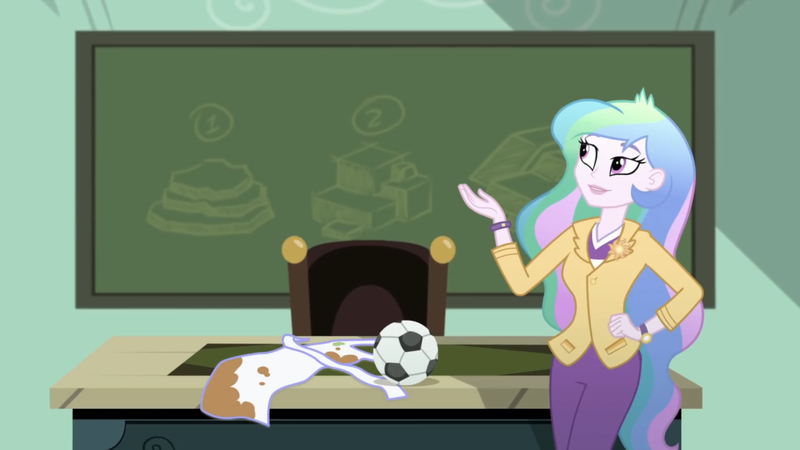 Size: 2208x1242 | Tagged: safe, derpibooru import, screencap, princess celestia, eqg summertime shorts, equestria girls, subs rock, apron, bracelet, brooch, chalkboard, clothes, cute, cutelestia, cutie mark accessory, cutie mark brooch, desk, hand on hip, image, jewelry, png, principal celestia, raised hand, soccer ball (object), watch, wristwatch