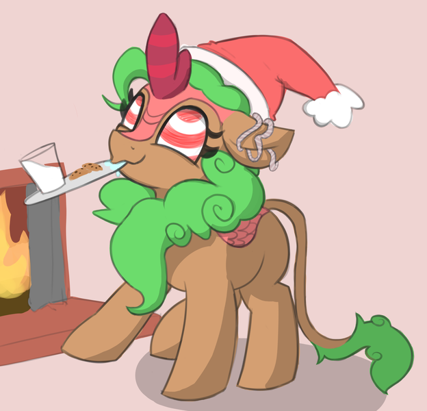 Size: 1543x1484 | Tagged: suggestive, artist:wallswallswalls, derpibooru import, kirin oc, oc, oc:stillwater, kirin, worm, christmas, ear penetration, hat, holiday, image, mind control, parasite, penetration, png, santa hat, solo, swirly eyes