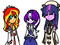 Size: 800x600 | Tagged: safe, artist:luckykitten29, derpibooru import, starlight glimmer, sunset shimmer, twilight sparkle, equestria girls, clothes, cosplay, costume, crossover, dress, female, image, luna child, png, simple background, star sapphire (touhou), sunny milk, touhou, transparent background, trio