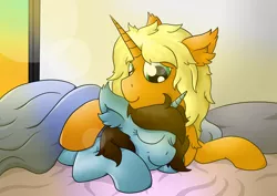 Size: 5945x4205 | Tagged: safe, artist:raktor, derpibooru import, oc, oc:dawnflash, oc:pawsie hooves, unofficial characters only, pony, unicorn, absurd resolution, bed, covers, ear fluff, female, image, lens flare, lying down, male, mare, pillow, png, prone, smiling, snuggling, stallion, window