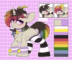 Size: 2400x2000 | Tagged: safe, artist:etoz, derpibooru import, oc, oc:agap, unofficial characters only, pony, unicorn, angry, bell, blushing, cat bell, clothes, collar, cute, femboy, horn, image, male, multicolored hair, png, rainbow hair, reference sheet, socks, stallion, stockings, text, thigh highs, tsundere, unicorn oc