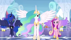 Size: 1280x720 | Tagged: safe, derpibooru import, screencap, princess cadance, princess celestia, princess luna, alicorn, pegasus, pony, twilight's kingdom, alicorn triarchy, armor, beautiful, chestplate, colored wings, crown, crystal empire, crystal guard, crystal guard armor, ethereal mane, ethereal tail, female, flowing mane, flowing tail, hoof shoes, image, jewelry, lidded eyes, looking at you, male, mare, multicolored mane, multicolored tail, multicolored wings, peytral, png, regalia, royal guard, smiling, spread wings, stallion, tiara, trio focus, walking, wings