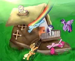 Size: 1836x1490 | Tagged: safe, artist:ponykittenboi, derpibooru import, applejack, fluttershy, pinkie pie, rainbow dash, rarity, twilight sparkle, twilight sparkle (alicorn), alicorn, earth pony, pegasus, pony, unicorn, behaving like a bird, cute, female, image, ladder, mane six, nesting instinct, png, sonic rainboom, tiny, tiny ponies, wholesome