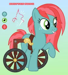 Size: 1556x1718 | Tagged: safe, artist:sir-psych0-s3xy, derpibooru import, oc, oc:knitten song, unofficial characters only, earth pony, pony, base used, female, freckles, gradient background, image, mare, offspring, parent:applejack, parent:caramel, parents:carajack, png, reference sheet, solo, wheelchair