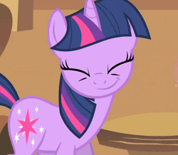 Size: 592x516 | Tagged: safe, derpibooru import, screencap, twilight sparkle, pony, unicorn, a bird in the hoof, >:), evil grin, eyes closed, female, gif, glowing horn, grin, horn, image, magic, mare, ominous, pure unfiltered evil, rapeface, smiling, smirk, solo, unicorn twilight