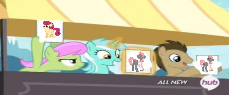 Size: 862x360 | Tagged: safe, derpibooru import, edit, edited screencap, screencap, doctor whooves, lyra heartstrings, merry may, posey shy, prim hemline, time turner, pony, 1000 hours in ms paint, all new, exploitable meme, hub logo, image, meme, png, text, wrong aspect ratio