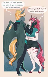 Size: 2145x3466 | Tagged: safe, artist:askbubblelee, derpibooru import, oc, oc:impala lily, oc:rocket burst, unofficial characters only, anthro, bat pony, hybrid, pony, unguligrade anthro, unicorn, zony, anthro oc, bat pony oc, bat wings, clothes, commission, couple, dialogue, digital art, female, gradient background, hand on cheek, horn, image, leonine tail, looking at each other, male, mare, midriff, oc x oc, png, racing stripes, racing suit, reassurance, shipping, shorts, slit eyes, smiling, spanish, speech bubble, stallion, straight, unicorn oc, wholesome, wings, zony oc