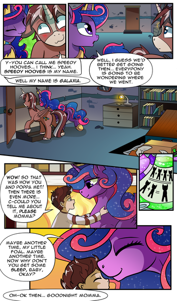 Size: 1800x3056 | Tagged: safe, artist:candyclumsy, author:bigonionbean, derpibooru import, oc, oc:king speedy hooves, oc:queen galaxia, oc:tommy the human, alicorn, earth pony, human, pegasus, pony, unicorn, comic:the fusion flashback 2, alicorn princess, awkward moment, basement, blushing, canterlot, canterlot castle, chamber, comic, commissioner:bigonionbean, concerned, cute, cutie mark, doorway, embarrassed, ethereal mane, female, flashback, fusion, fusion:king speedy hooves, fusion:queen galaxia, hieroglyphics, human oc, image, jewelry, kissing, looking at you, male, mother and child, mother and son, nibbling, nuzzling, png, potions, royalty, secret room, surprised, symbols, uwu