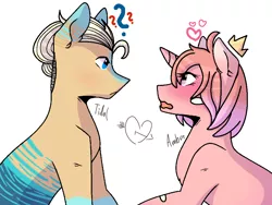 Size: 1024x768 | Tagged: safe, artist:pasteldraws, derpibooru import, oc, oc:amber, oc:tidal-wave, earth pony, pony, unicorn, bandaid, base used, blushing, couple, crown, crush, cute, duo, female, heart, image, jewelry, love, male, oc x oc, png, princess, question mark, regalia, shipping, simple background, straight, surfer