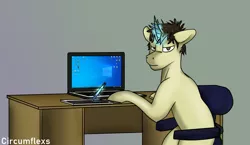 Size: 1323x767 | Tagged: safe, artist:circumflexs, derpibooru import, oc, unofficial characters only, pony, unicorn, bad hair, chair, computer, desktop, digital painting, drawing, drawing tablet, image, laptop computer, looking at you, looking back, male, microsoft, notebook, office chair, pen, png, simple background, sitting, solo, stallion, table, windows, windows 10