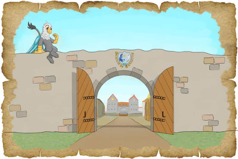 Size: 1024x683 | Tagged: safe, alternate version, artist:malte279, derpibooru import, oc, oc:galahad, gryphon, tails of equestria, coat of arms, gate, image, png, spy, town wall, trottingham, worldbuilding