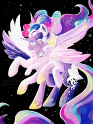 Size: 3000x4000 | Tagged: semi-grimdark, artist:incendiaryboobs, derpibooru import, princess cadance, princess celestia, princess flurry heart, princess luna, twilight sparkle, twilight sparkle (alicorn), alicorn, pony, seraph, seraphicorn, alicorn pentarchy, alicorn tetrarchy, body horror, cutie mark, cutie mark fusion, eldritch abomination, ethereal mane, ethereal tail, fangs, fusion, goddess, hoof boots, horn, image, jpeg, merge, multiple eyes, multiple heads, multiple horns, multiple legs, multiple wings, nightmare fuel, space, stars, wat, we have become one, what has magic done, wings
