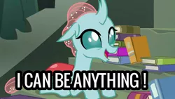 Size: 1024x576 | Tagged: safe, derpibooru import, edit, edited screencap, screencap, ocellus, changedling, changeling, school daze, book, captain obvious, female, image, jpeg, literal, solo, stairs