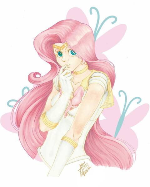 Size: 1080x1350 | Tagged: safe, artist:anabarana, derpibooru import, fluttershy, human, adorable face, adorasexy, alternate hairstyle, beautiful, blue eyes, breasts, bust, busty fluttershy, choker, cleavage, clothes, cute, cutie mark background, eyelashes, female, gloves, humanized, image, jpeg, long gloves, pink hair, sailor kindness, sailor moon, sailor scout, sailor uniform, sexy, shyabetes, signature, smiling, solo, traditional art, uniform, woman